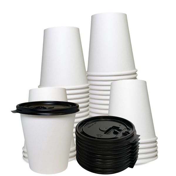 12oz White Coffee Cups and Black Flat Lids Hot Cold Drinks Disposable 400pcs