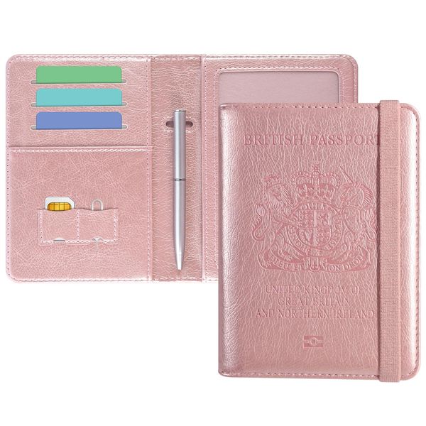 DMLuna Passport Holder, Premium PU Leather Travel Passport Wallet RFID Blocking Passport Cover Case Travel Documents Organizer with Pen Holder, for Women and Men - Rose Gold