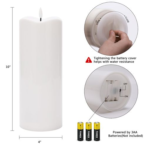 AFINETH 4" x10" Outdoor Flameless Candles with Remote, Large Waterproof Candles Battery Operated, Plastic Flickering LED Candles for Garden Patio Porch Home Party, White 1Pack