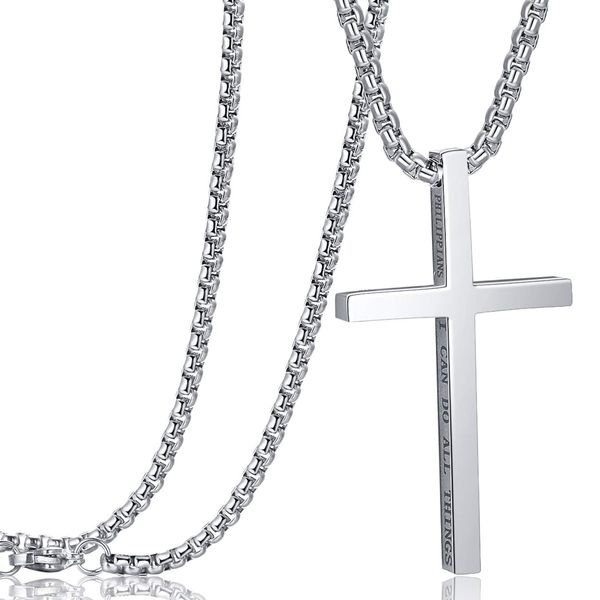 Rehoboth Stainless Steel Cross Pendant Necklaces for Girls Boys Men Women Philippians 4:13 Strength Bible Verse Pendant Chain 24 Inch Silver