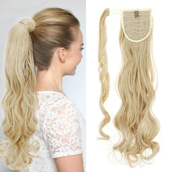 24" Long Curly Wavy Wrap Around Ponytail Clip in Hair Extensions One Piece Hairpiece Magic Tape in Pony Tail Extension for Women Ash Blonde mix Bleach Blonde