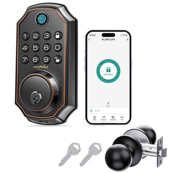 ARPHA Smart Fingerprint Keyless Door Lock Keypad Deadbolt Anti-Peep APP+Knob Set