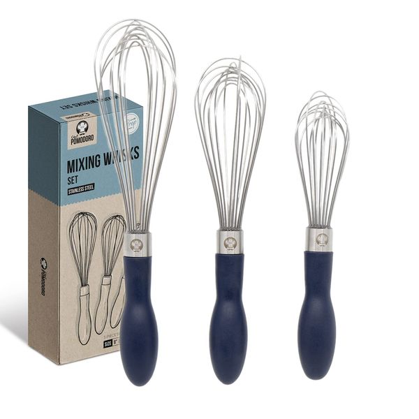 Chef Pomodoro Hand Whisk 3-Piece Set, Thick Wire Wisk Set, Stainless Steel Kitchen Whisk, Balloon Whisk Utensil, Metal Whisks for Cooking and Baking Equipment (29 cm, 25 cm, 22 cm)