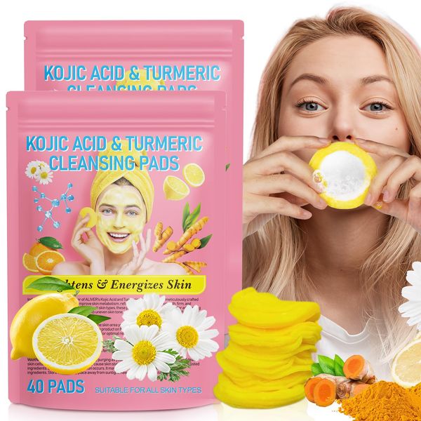 Kojic Acid and Turmeric Cleansing Pads -2Pack, Turmeric Kojic Acid Pads for Face Scrub, Deep Cleansing Dark Spots with Lemon Extract, Vitamin C, Vitamin B5 (40pcs)