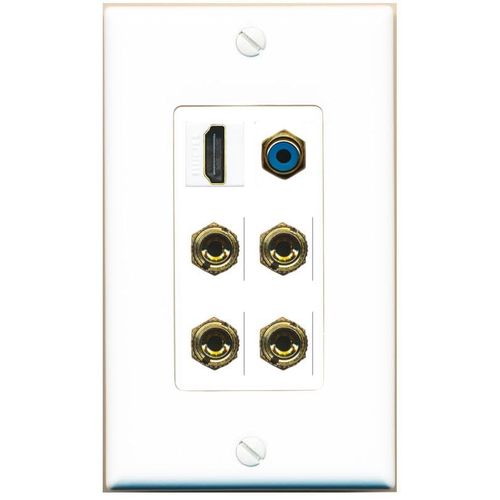 RiteAV 2 Speaker 4 Banana Binding Post HDMI RCA Wall Plate - 1 Gang Decorative [White]
