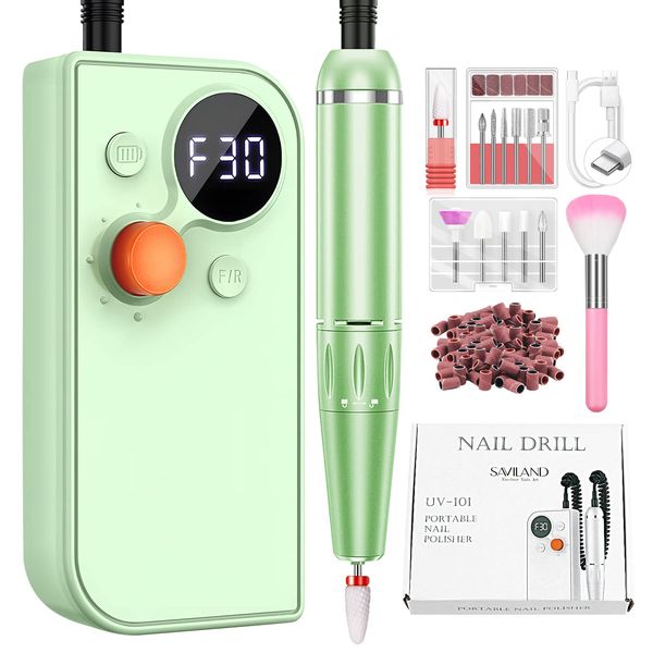 Saviland Electric Nail Machine Cordless Nail Drill Machine Electric Nail File 30000PRM with Nail Drill Bit for Acrylic/Gel Nails Rechargeable Manicure Pedicure Kit for Salon Home DIY, Green