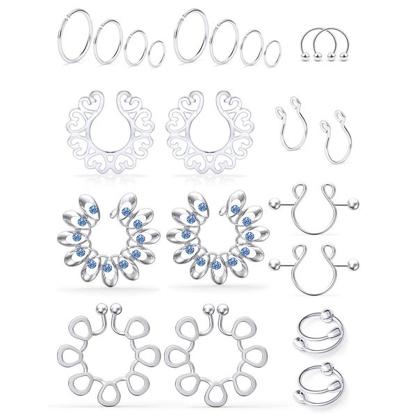 SCERRING Fake Nipple Ring Stainless Steel Non-Piercing Nipple Rings Clip On Nipplerings Faux Body Piercing Jewelry for Women Men 11 Pairs Silver