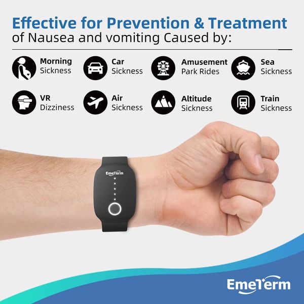 EmeTerm Fashion Anti-Nausea Wristband Relieve Morning Motion Travel Sickness Rechargeable Drug Free Bands Without Side Effects - Extra 2pack Conductive Gel (Black - Extra 2pack Conductive Gel)