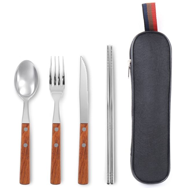 KXLCGYK Cutlery Set, Camping, Outdoors, 18-8 Stainless Steel, Wooden Handle, Spoon, Hollow Chopsticks, Fork, Knife, Storage Bag, 5-Piece Set, Portable, Convenient, Barbecue, Solo Camping, Cutlery,