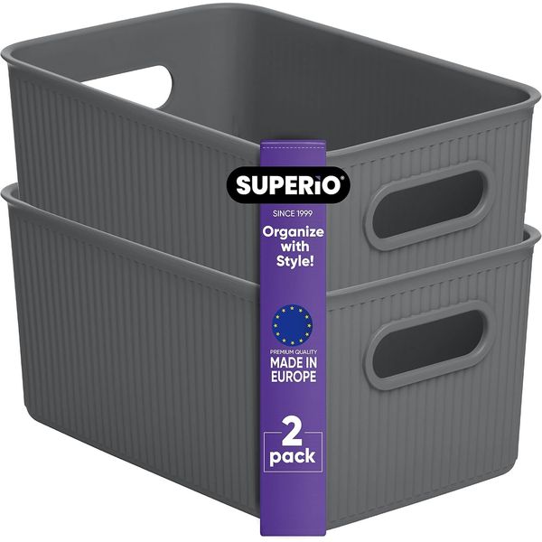 Superio 5L Small Ribbed Storage Bin- Plastic Storage Bin  (2 Pack, Grey)