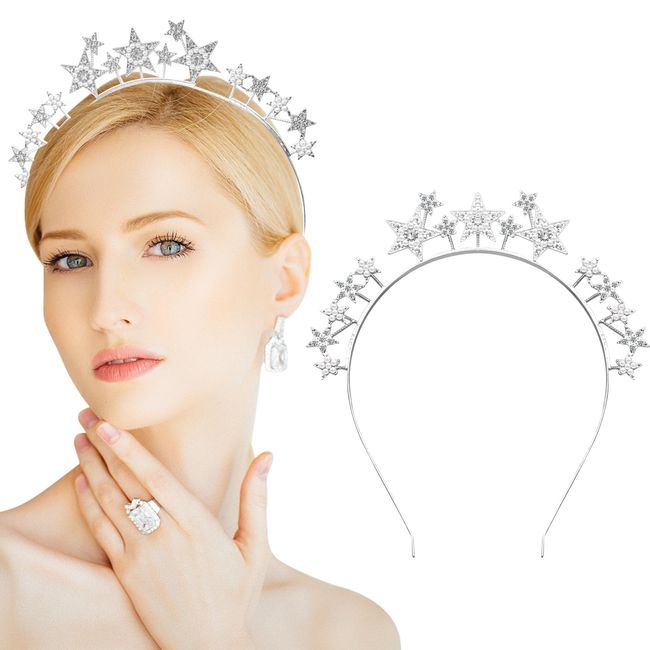 Stars Halo Crown Stern Halo Krone Silber Stirnband, Stern Stirnband Silber Kopfschmuck Strass Stirnband Kopfschmuck, Silber Krone Stirnband Tiaras und Kronen für Frauen Mädchen