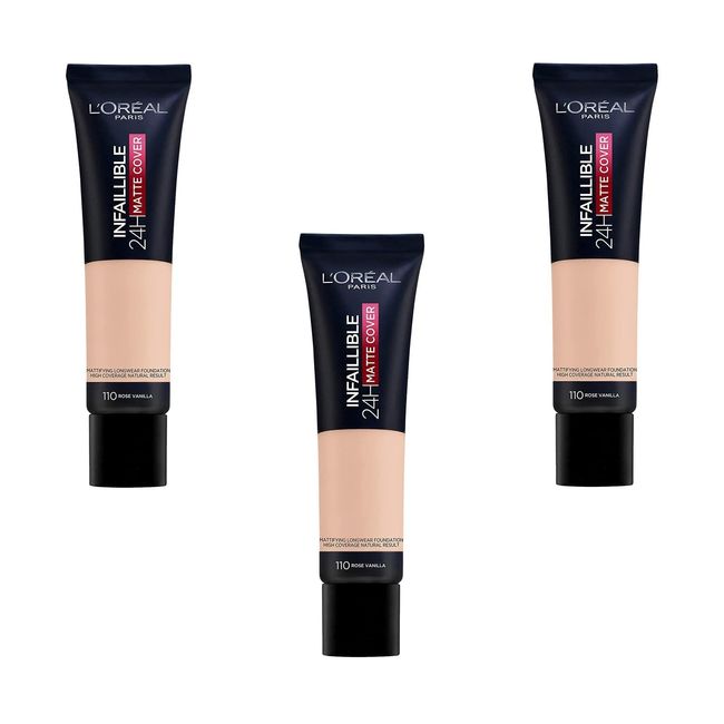 3 x New L'Oreal Infallible 24H Matte Cover Foundation 30ml - 110 Vanilla Rose