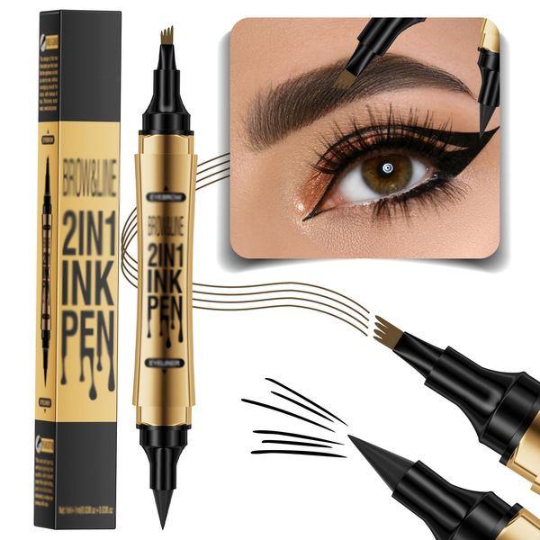 Eyebrow Pencil,2-in-1 Eyeliner and Eyebrow Pencil Eyebrow Pen with Fork Tip Long-lasting Waterproof Eyeliner and Brow Pen,Easy Creation of Eyeliner Natural Looking Brows and Eyebrows(Dark Brown)