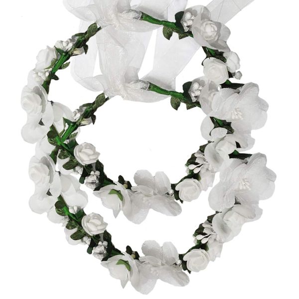 Flower Crown Headband Wreath Garland Hair Bands Floral Wedding Bridal Hair Hoop Women Leaf Ribbon Party Decoration Headdress Headwear Christmas Handmade Headpiece Hair Accessories 2 Pack White