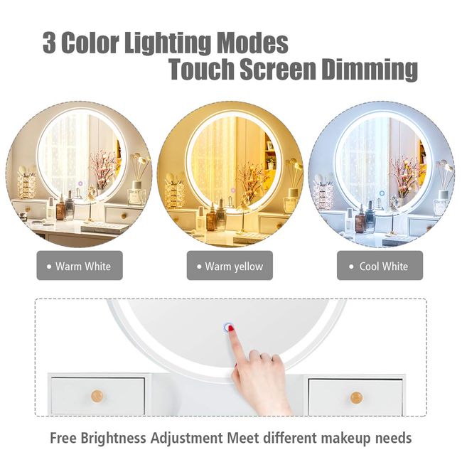 Makeup Vanity Desk with Mirror and Lights Adjustable Brightness 3 Color  Modes for Bedroom White 