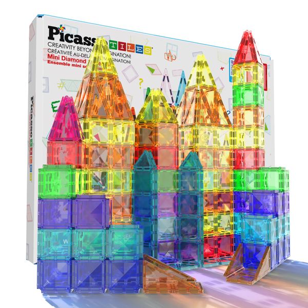 PicassoTiles 60 Piece Magnetic Building Block Mini Diamond Series Travel Size On-The-Go Construction Toy Set STEM Learning Kit Educational Playset Child Brain Development Stacking Blocks PTM60