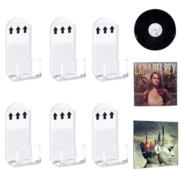 6 Pcs Vinyl Wall Mount,Acrylic Shelves,Vinyl Shelf,Vinyl Record Wall Mount Display Holder No Screws,Self Adhesive Clear Acrylic Vinyl Record Hangers Stylish Acrylic Album Holder for Home and Office