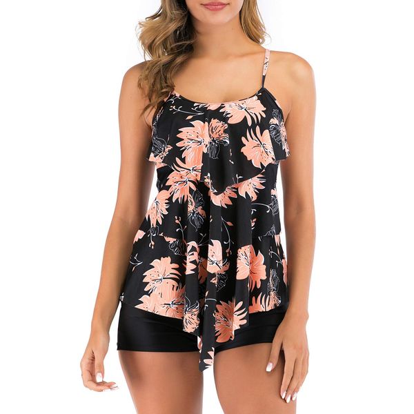 FLYILY Women 2 Piece Tankini Swimsuits Flounce Printed Top with Boyshorts Plus Size Swimwear Bathing Suit(BlackFlower,XL)