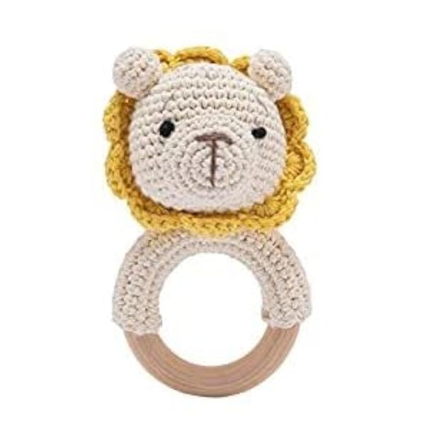 Wooden Baby Rattle Crochet Lion Baby Toys Handmade Newborn Toy Early Development Grips Stuffed Animal Organic Rattle