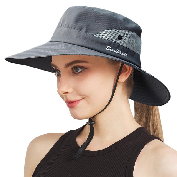 NPJY Ponytail Sun Hat Womens Men 3” Wide Brim UPF 50+ Fishing Beach Bucket Hats Grey