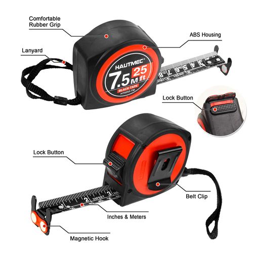 HAUTMEC Tape Measure 7.5M(25Ft)-Double Side Metric and Inches Black Tape,Retractable Tape Measure with Double Stop Buttons,Magnetic Hook for Professionals and DIY HT0253