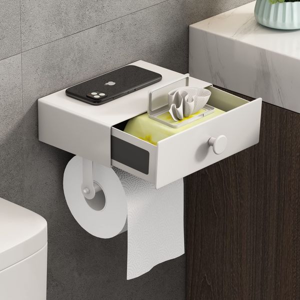 Toilet Roll Holder with Shelf VOLDRA Toilet Paper Holder with Drawer Storage Self-Adhesive Toilet Wipes Dispenser Wall Mounted(White)