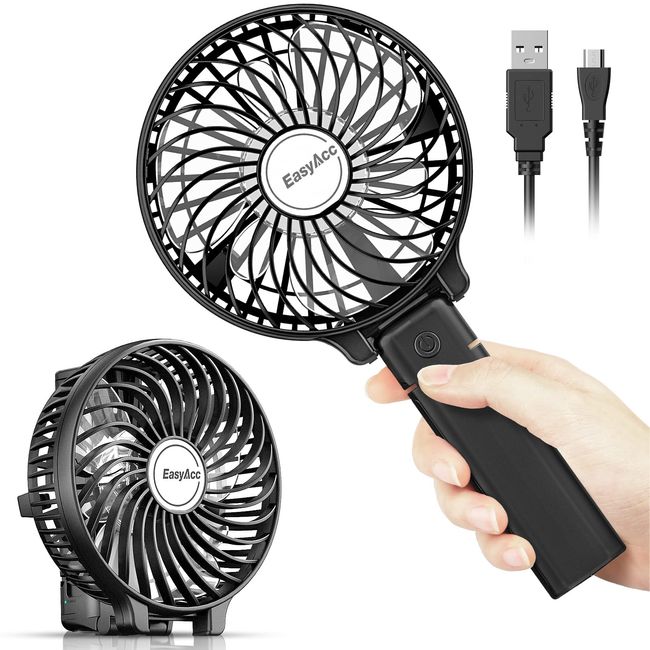 EasyAcc Handheld Fan Portable USB Fan 3 Speeds [Lifetime Service] 180° Foldable Powered Personal Mini Electric Fan With Rechargeable Battery Foldable Adjustable Speeds Fan Home Travel Outdoor Black