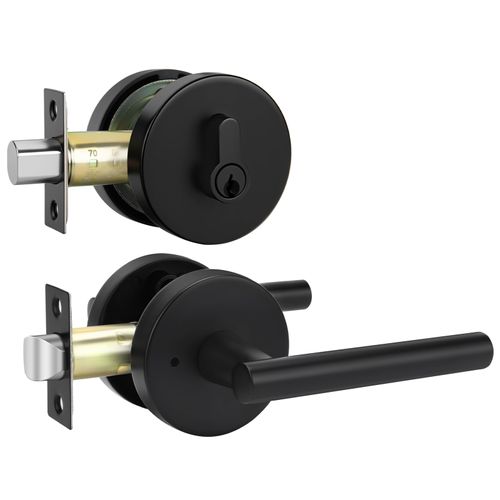 goldenwarm Black Door Handle Set with Deadbolt, Matte Black Front Door Handle and Deadbolt Set, Exterior Privacy Door Levers, Heavy Duty Zinc Alloy