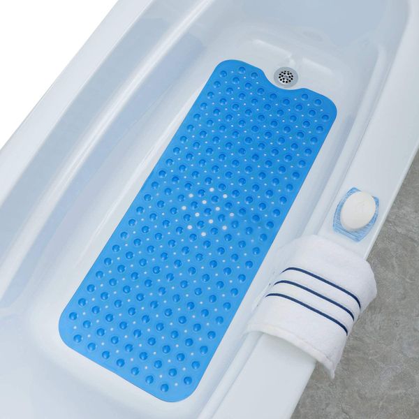 SlipX Solutions Power Grip Extra Long Bath Tub & Shower Mat 39x16, Wet Floor Non-Slip for Elderly & Kids Bathroom, 30% Longer Bathtub Mats, 200 Suction Cups, Drain Holes, Machine Wash, Blue