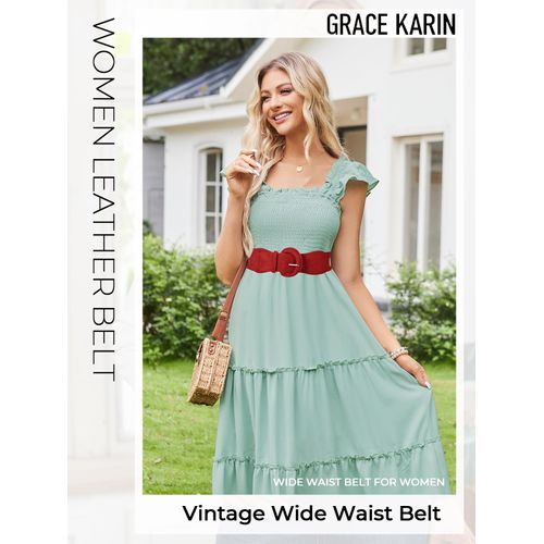 GRACE KARIN Womens Wide Elastic Waist Belt Cinch Belt Trimmer Stretch Waistband with Circle Pin Buckle Red XL