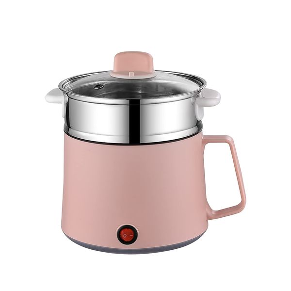 Electric Hot Pot, 1.7L Multi-Functional Electric Skillet for Stir Fry/Stew/Steam, Portable Mini Electric Cooker for Soup Porridge Dumplings Eggs Pasta Noodles Ramen (Stainless Steel Pink+ Steamer)