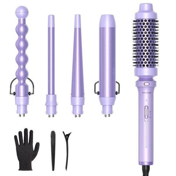 Wavytalk 5 in 1 Curling Iron,Curling Wand Set with Curling Brush and 4 Interchangeable Ceramic Curling Wand(0.5”-1.25”),Instant Heat Up,Include Heat Protective Glove & 2 Clips (Purple)