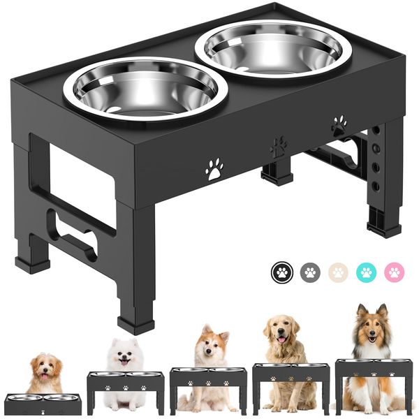 LAKIPETN Elevated Dog Bowls 5 Height Adjustable with 2 Stainless Steel Dog Food Bowls Stand Non-Slip No Spill Dog Dish Raised Dog Bowl Adjusts to 3.1”, 9”, 10”, 11”, 12” for Small Medium Large Dogs