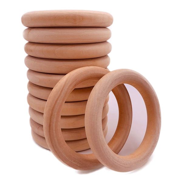 12 Pieces Wooden Rings Natural Wood Rings Without Paint Smooth Unfinished Wood Circles for Craft DIY Baby Teething Ring Pendant Connectors Jewelry Making (70mm)