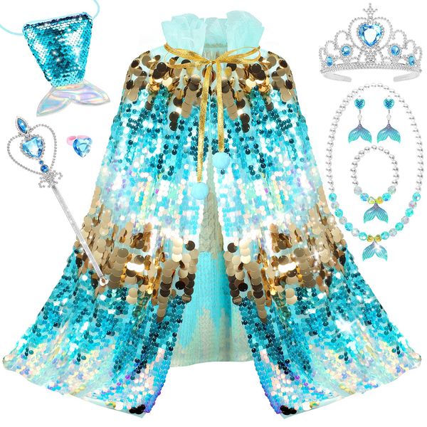 LIMIROLER Princess Dress Up Toys Mermaid Dress Up Cape Kit 9 Pcs Gift Set for Little Girls 3-8 Years Old, Princess Dress Up Clothes Set Gift for Birthday Christmas Party Halloween (Blue)