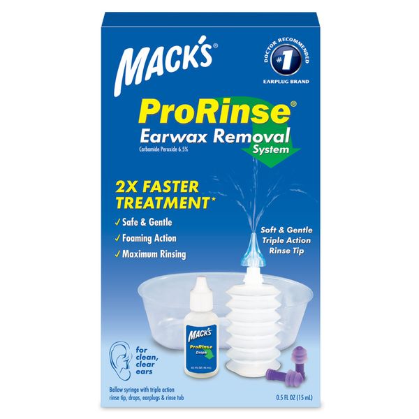 Mack's ProRinse Ear Wax Removal System - 0.5 FL OZ Ear Drops, Ear Plugs, Ear Wash Tub & Ear Syringe with Triple-Action Rinse Tip