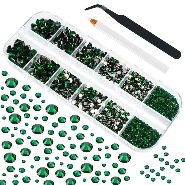 4010pcs Green Nail Art Rhinestones Kit, qiipii Round Glass Emerald Flatback Crystal Stones Nail Charms 6 Sizes (1.6-6.1 mm) Up to SS30 Nail Gems w Pick up Tweezer Pen for Nail Crafts Face Eyes Makeup