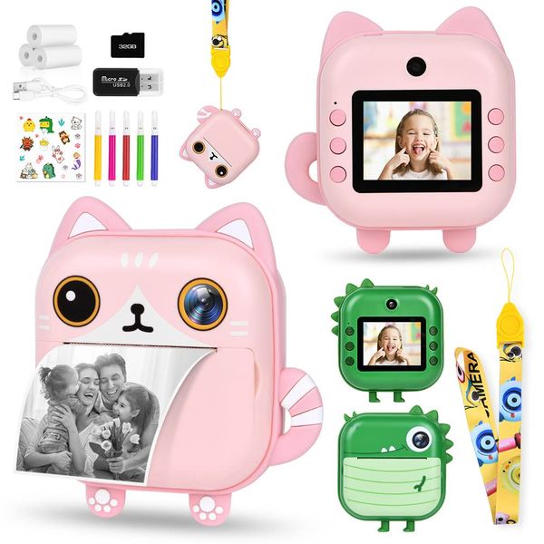 Ainiv Instant Print Cameras for Kids, 2.4 Inch Kids Digital Camera with Dual Camera, 1080P Kids Camera with 3 Rolls Print Papers, 32GB SD Card, 5 Colors Pens, Gifts for 3-12 Year Old Boys Girls, Pink