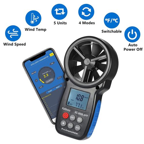 Kethvoz Digital Bluetooth Anemometer Handheld, Wireless Anemometer Wind Speed Meter Measuring Wind Speed/Temperature with Backlit and Max/Min/AVG for Climbing, Cycling,Shooting, Sailing, Flying
