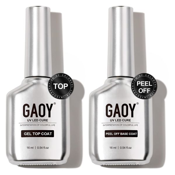 GAOY Gel Top Coat and Peel Off Base Coat Set, 16ml 2 Pcs Clear No Wipe Finish and Peelable Foundation Combination for UV Light Gel Nail Polish