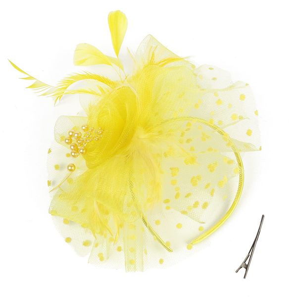 QDC Fascinators Hat for Women Tea Party Headband Kentucky Derby Hats Cocktail Flower Mesh Feathers Headwear Hair Clip for Wedding (Yellow)