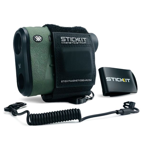 STICKIT Magnetic Strap for Hunting Rangefinder, Securely Attaches to Belt, Pack, Gear, Stand or Blind, Silent Hold with Metal Clip and Safety Cord - Rangefinder Not Included