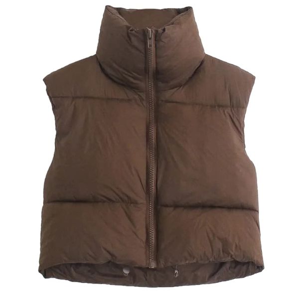 KEOMUD Women's Winter Crop Vest Lightweight Sleeveless Warm Outerwear Puffer Vest Padded Gilet Brown Small