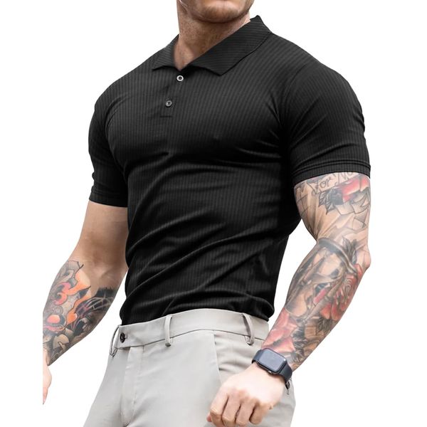 Lehmanlin Men's Muscle Polo Shirts Short Sleeve Casual T- Shirts Slim Fit Stretch Ribbed Golf Tops（Black/M）