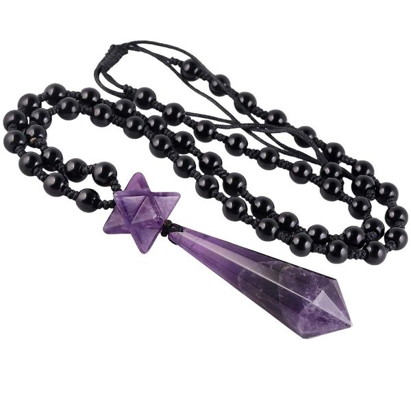 SUNYIK Merkaba Healing Crystal Point Stone Pendant Necklace for Women Men, Adjustable Nylon Rope Necklace Pendulum for Divination, Amethyst