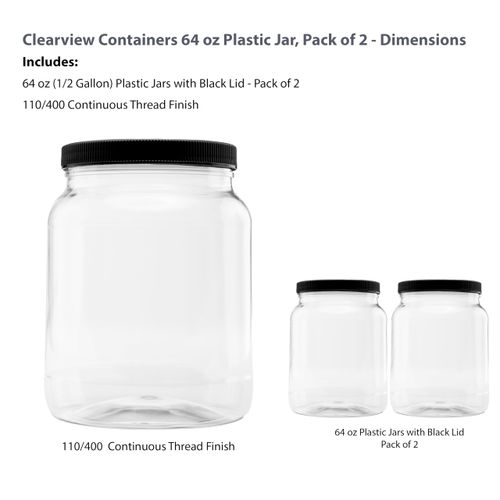 Clearview Containers Plastic Storage Jars with Leak Proof Lids, BPA Free, Hand Wash Only (64oz, 2PK Black)
