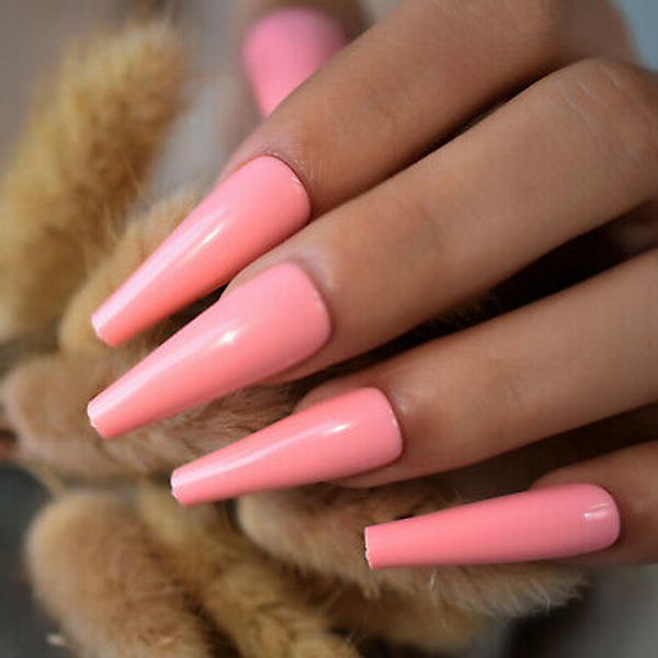 Light Pink Coffin Nails, Long Coffin Press On Nails, Glue On False Set 24 pc Kit