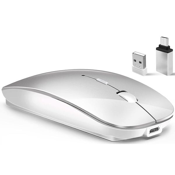 LEAPEST Wireless Bluetooth Mouse for MacBook Pro/Air/Mac/iPad/Laptop/Desktop/Mac/PC/Computer/Phone-Portable Slim Silent Office Mice with USB-C Adapter 2.4 GHz USB Mice (WhiteSilver)