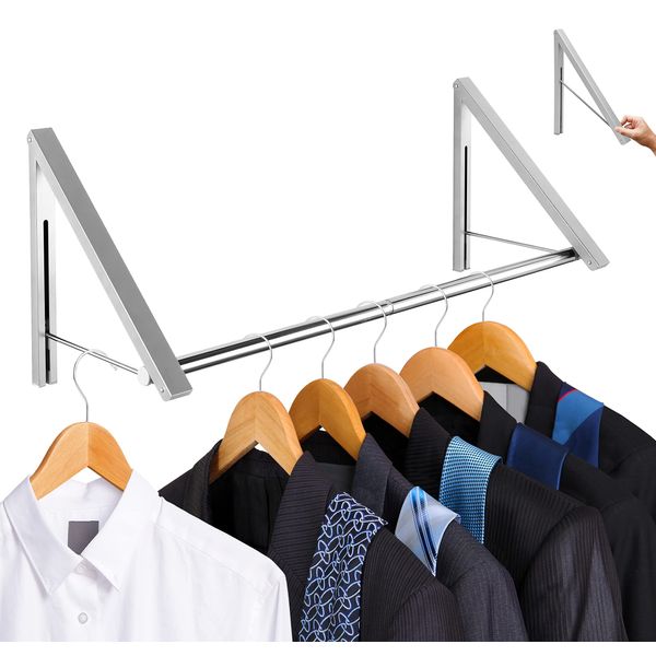 Double Foldable Clothing Rack w/ Extension Rod, Wall-Mounted Retractable Clothes Hanger for Laundry Dryer Room, Hanging Drying Rod, Small Collapsible Folding Garment Racks, Dorm Accessories (Chrome)