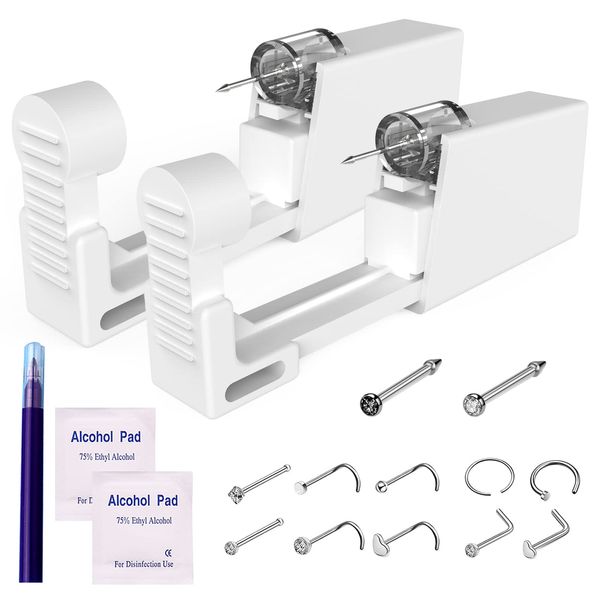 KAIQIKAIXI 2 Pack Nose Piercing Kit,Disposable Safe Sterile Piercing Unit For Self Nose Piercing Gun, Nose Stud Piercing Kit Tool &10 Free Nose Studs (New Generation)